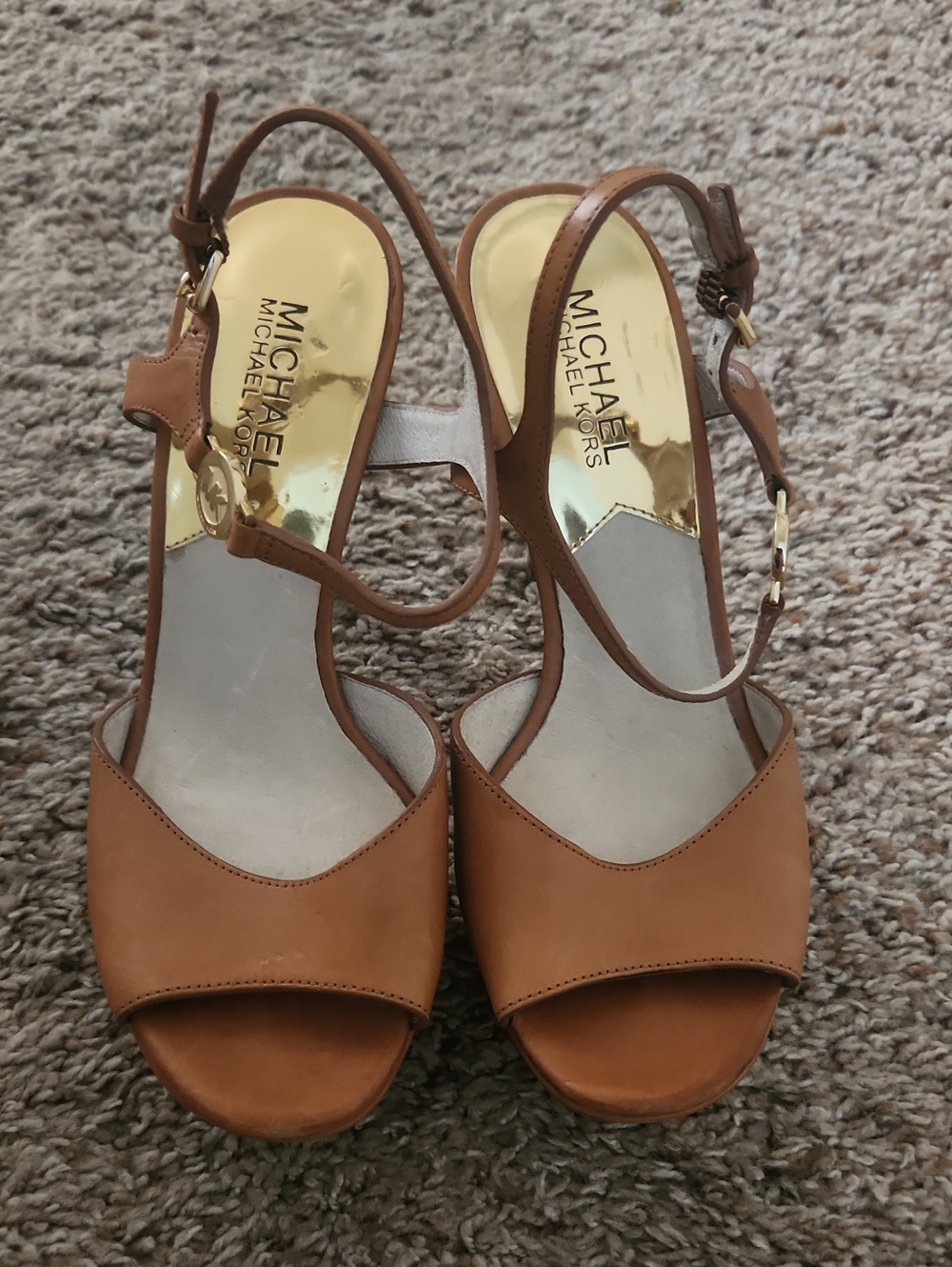 Michael Kors Tan Leather Open-Toe Slingback Heels with Gold Accents